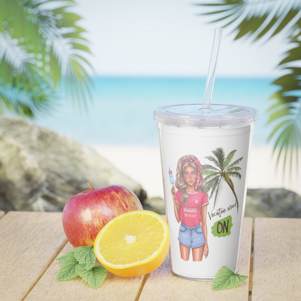 Vac Mood is On Blond Girl Plastic Tumbler with Straw