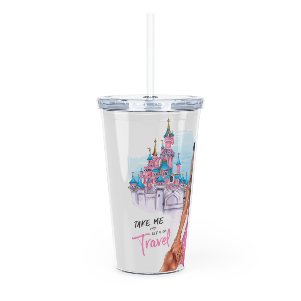 Take me and Let's go Travel Blond Hair Plastic Tumbler with Straw