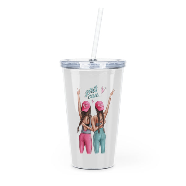 Girls Can Brown Hair Plastic Tumbler with Straw