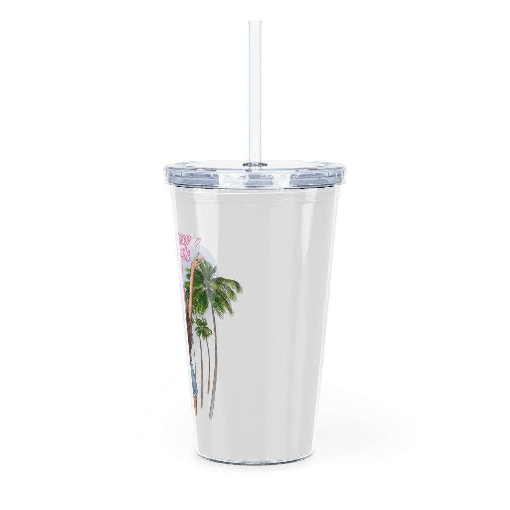 Summer Vibes Brown Hair Plastic Tumbler with Straw
