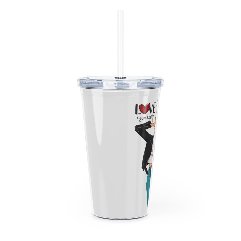 Love Yourself Blond Hair Plastic Tumbler with Straw