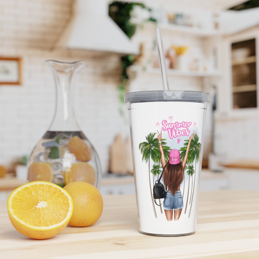 Summer Vibes Red Hair Plastic Tumbler with Straw