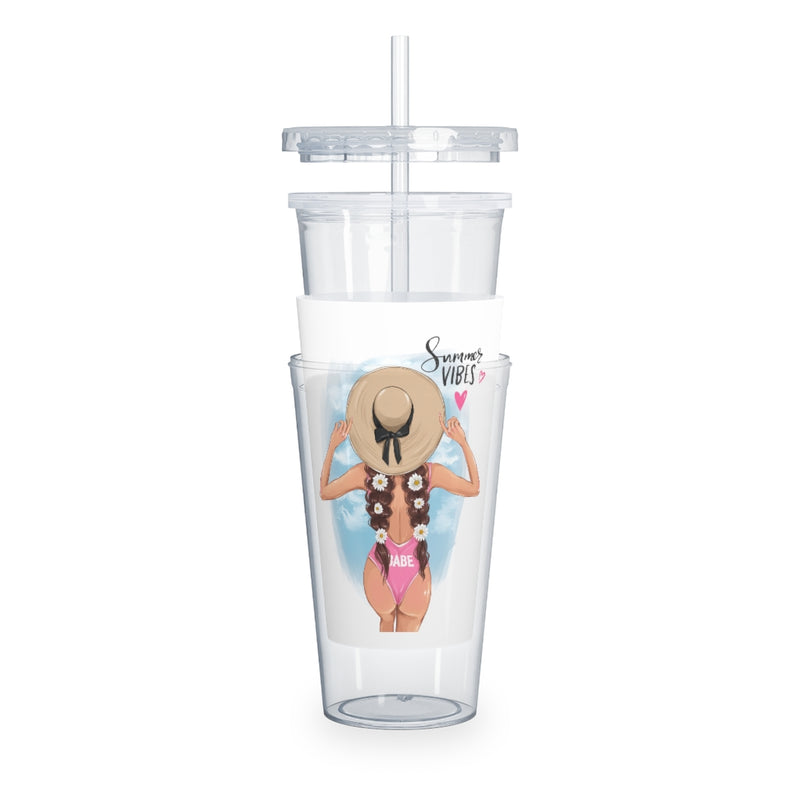 Summer Vibes Brown Hair Plastic Tumbler with Straw
