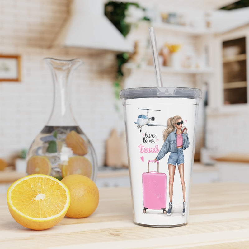 Live Love Travel Blond Hair Plastic Tumbler with Straw