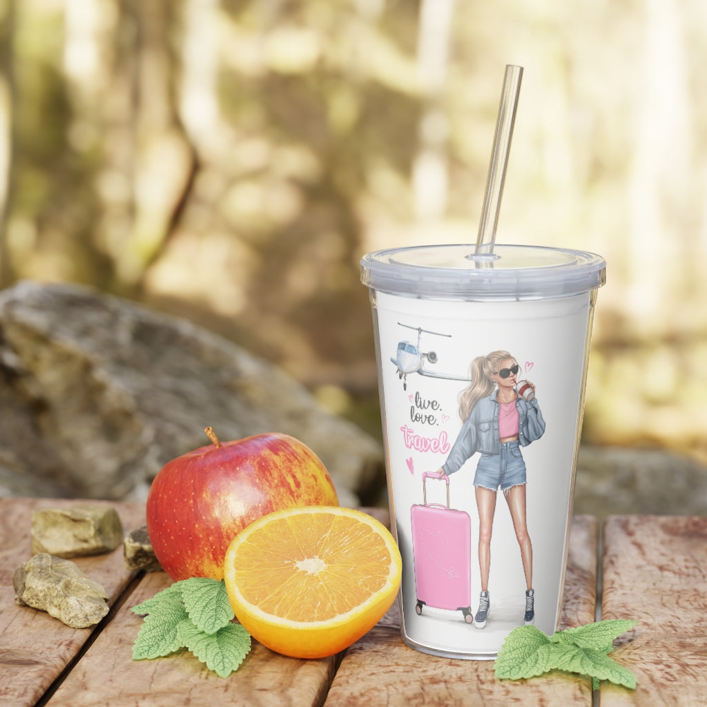 Live Love Travel Blond Hair Plastic Tumbler with Straw