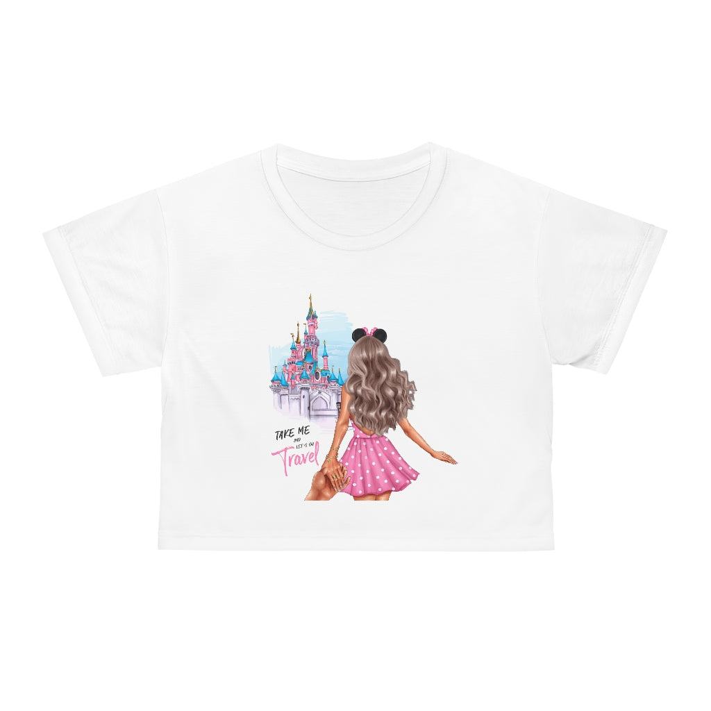 Take me and Let's go Travel Blond Hair Crop Tee