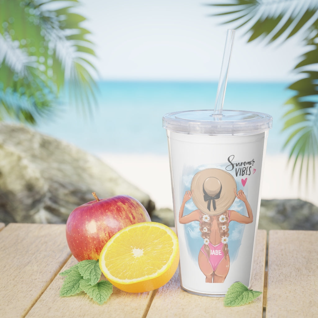 Summer Vibes Blond Hair Plastic Tumbler with Straw