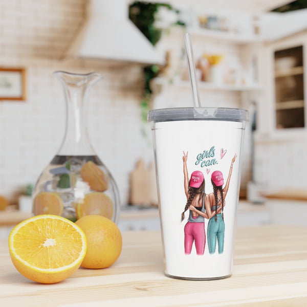 Girls Can Brown Hair Plastic Tumbler with Straw