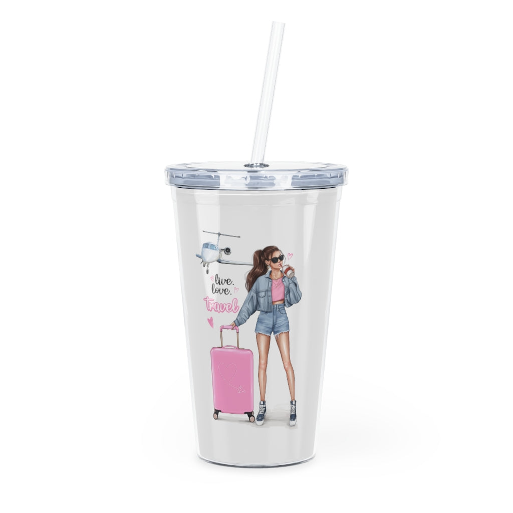 Live Love Travel Brown Hair Plastic Tumbler with Straw