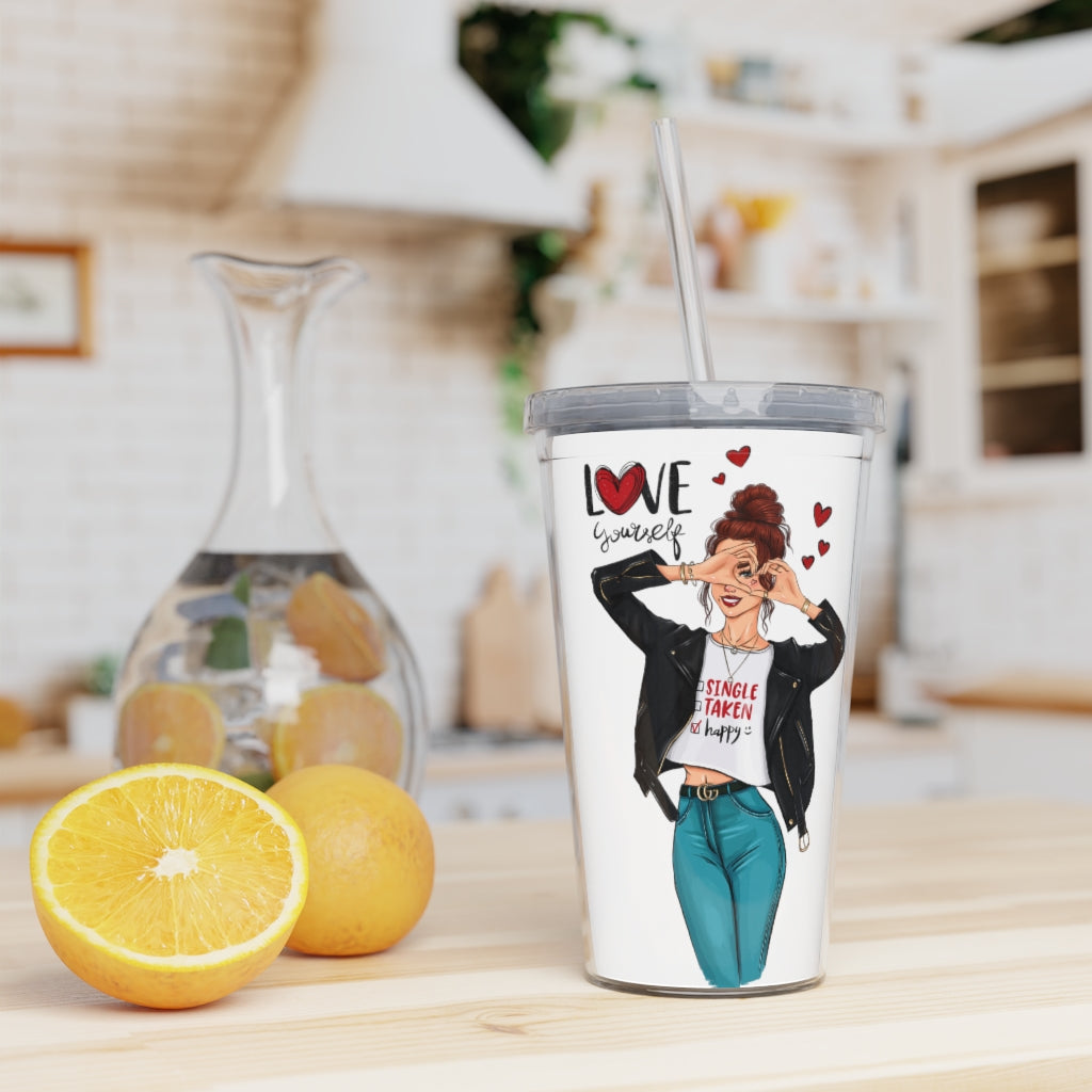 Love Yourself Red Hair Plastic Tumbler with Straw