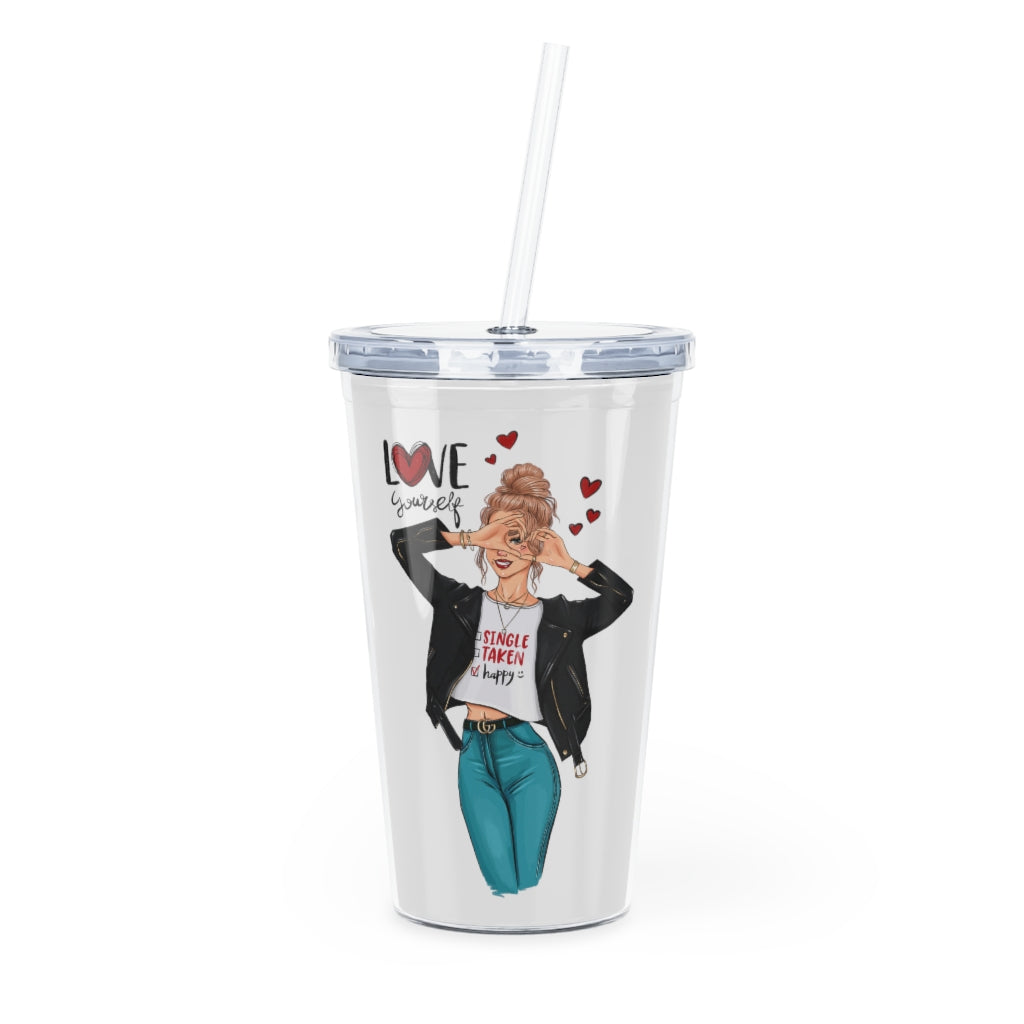 Love Yourself Blond Hair Plastic Tumbler with Straw