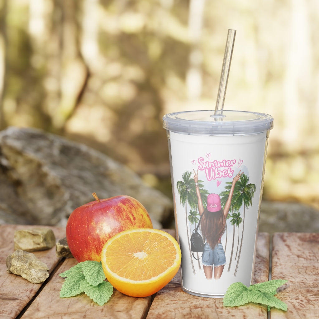 Summer Vibes Red Hair Plastic Tumbler with Straw