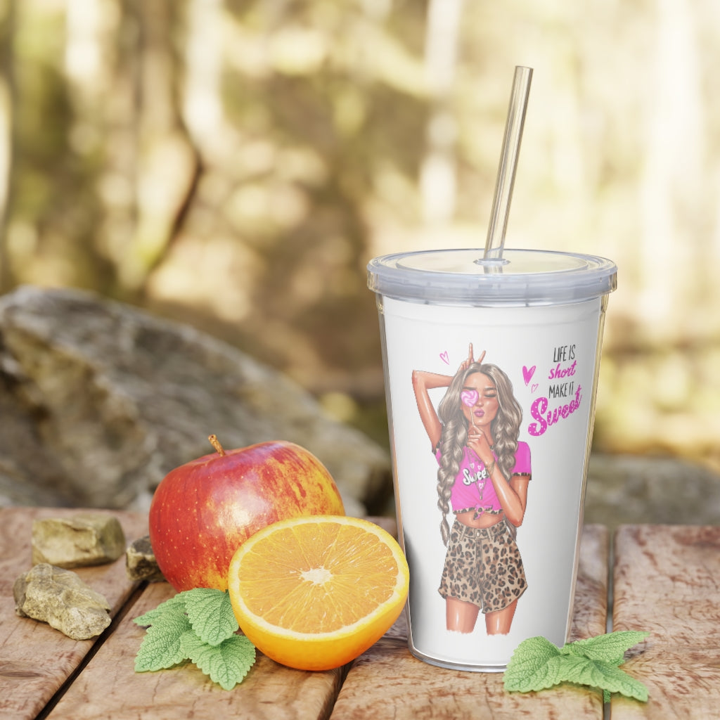 Life is Short Make it Sweet Blond Hair Plastic Tumbler with Straw