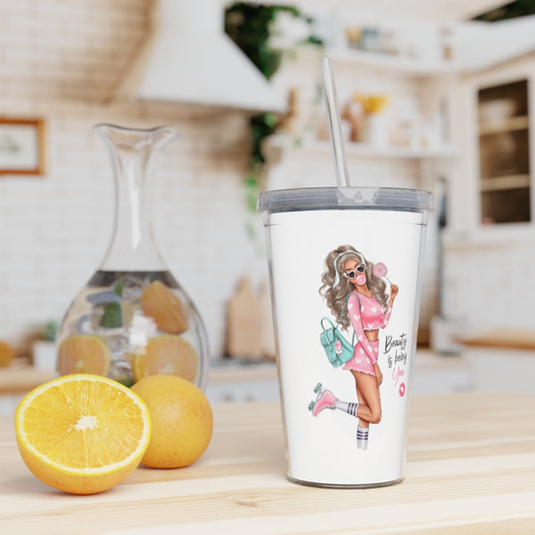 Beauty is Being You Blond Hair Plastic Tumbler with Straw