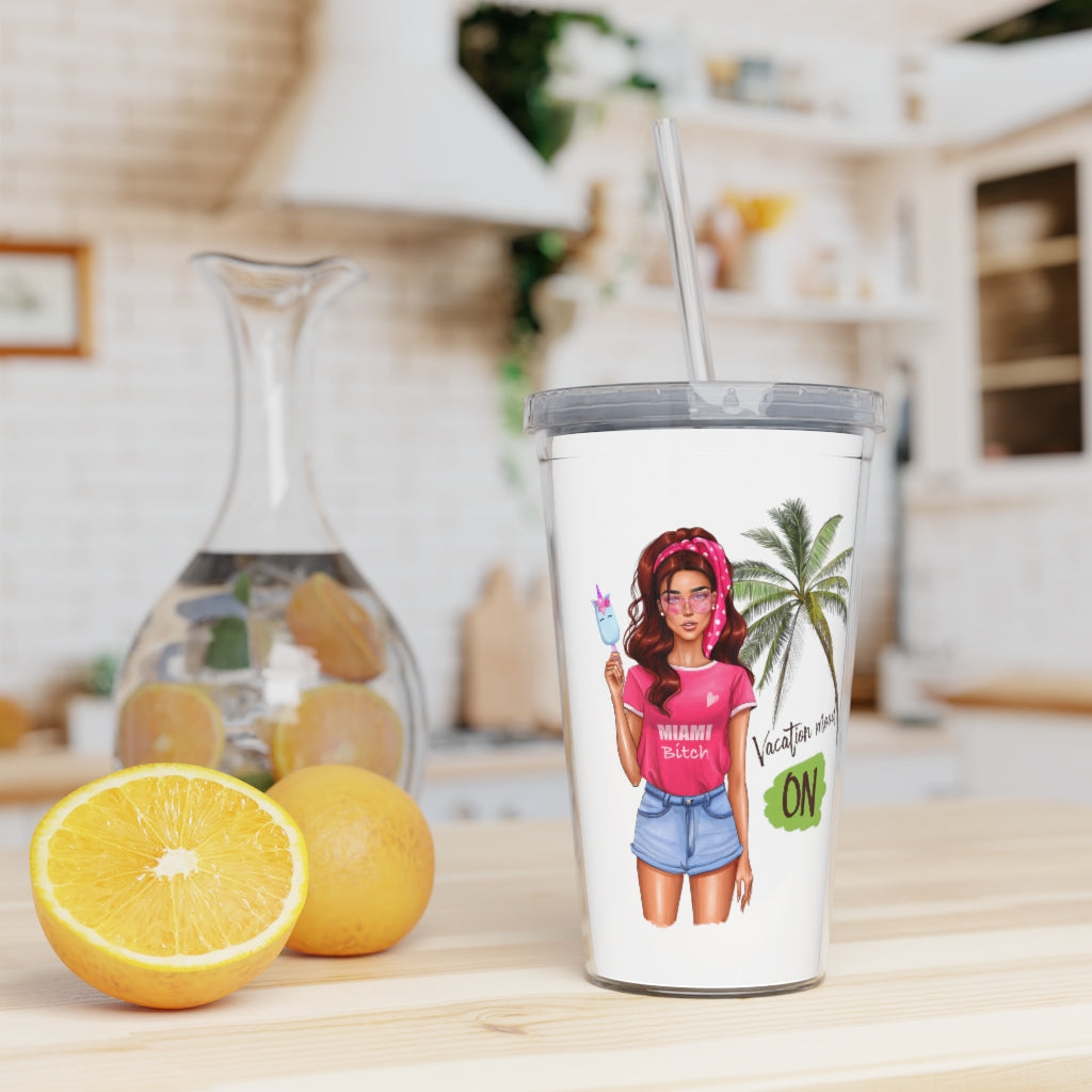 Vac Mood is On Red Hair Plastic Tumbler with Straw
