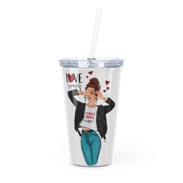 Love Yourself Red Hair Plastic Tumbler with Straw
