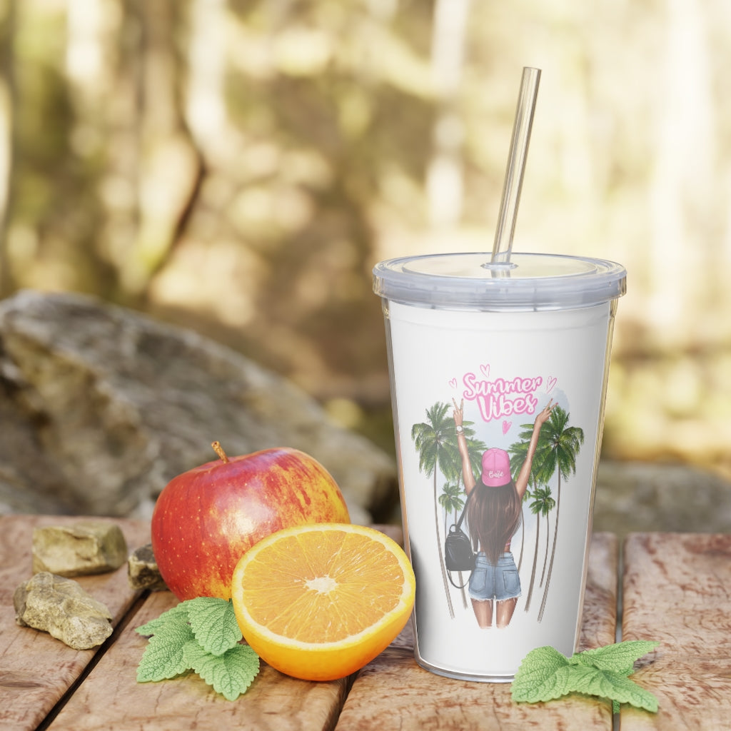 Summer Vibes Brown Hair Plastic Tumbler with Straw