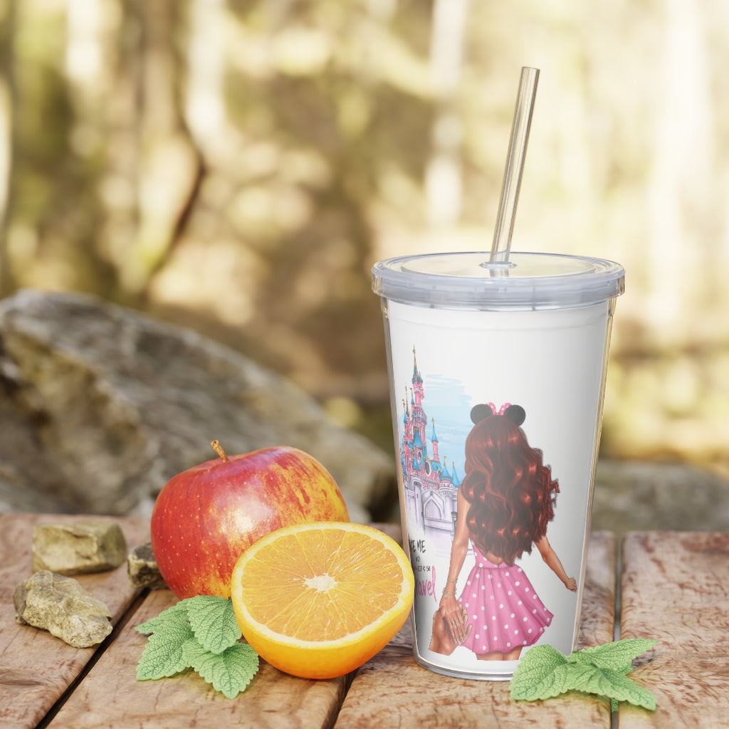 Take me and Let's go Travel Red Hair Plastic Tumbler with Straw