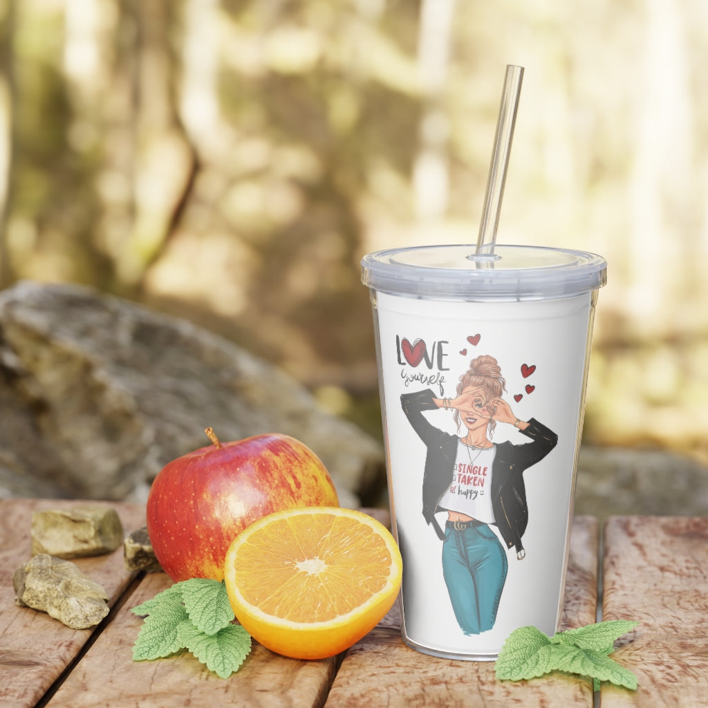 Love Yourself Blond Hair Plastic Tumbler with Straw