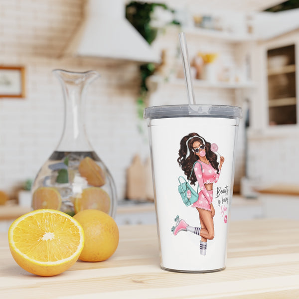 Beauty is Being You Brown Hair Plastic Tumbler with Straw