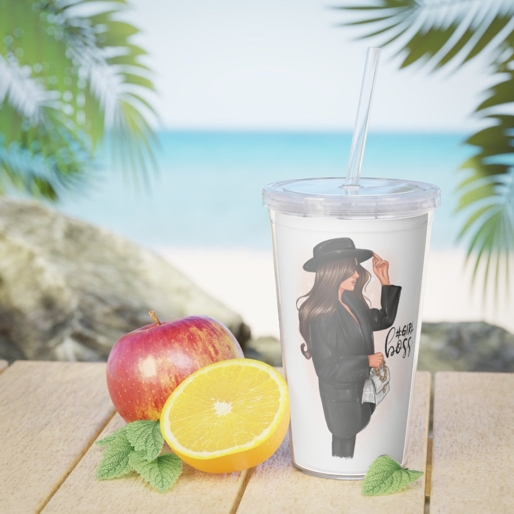 Girl Boss Brown Hair Plastic Tumbler with Straw