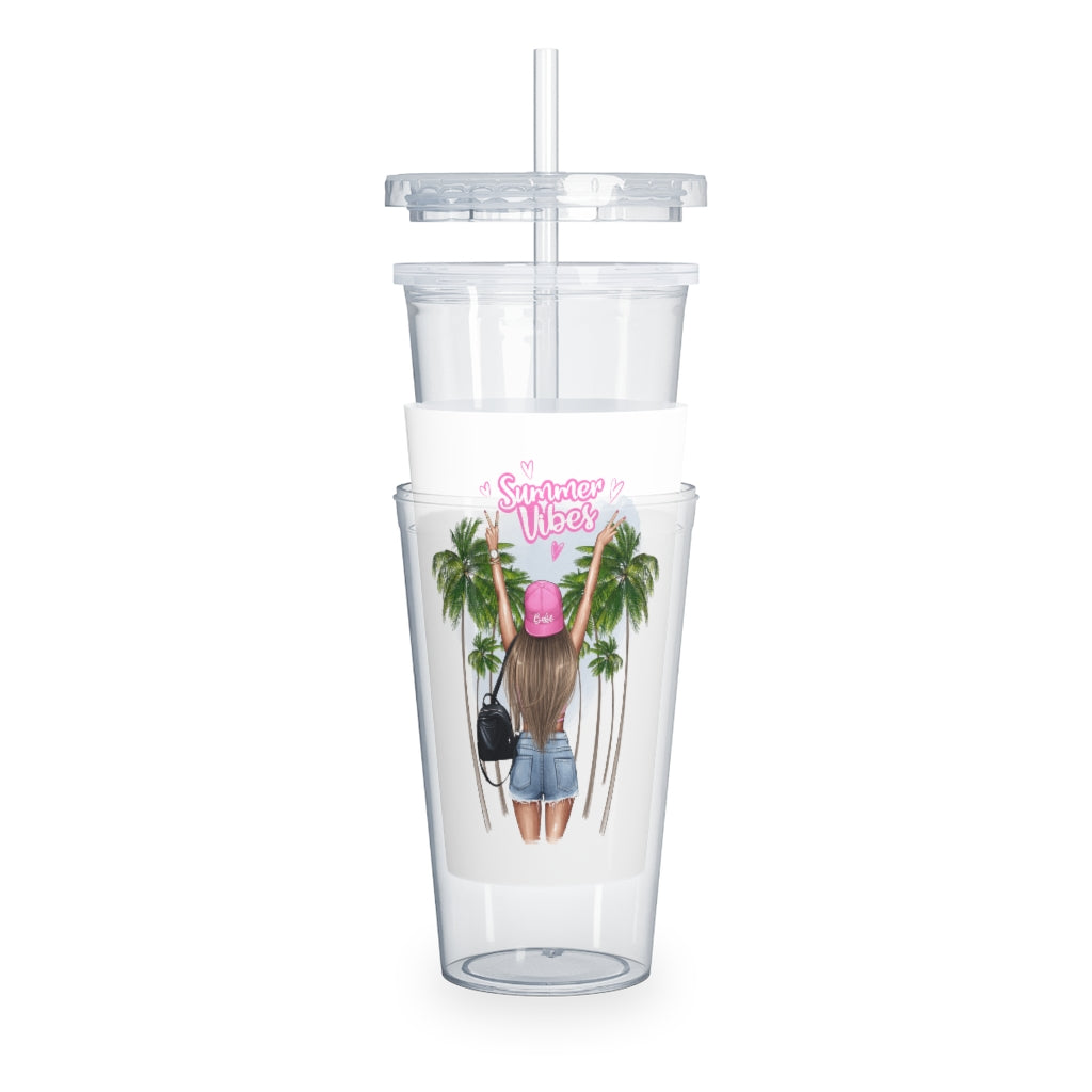 Summer Vibes Blond Hair Plastic Tumbler with Straw