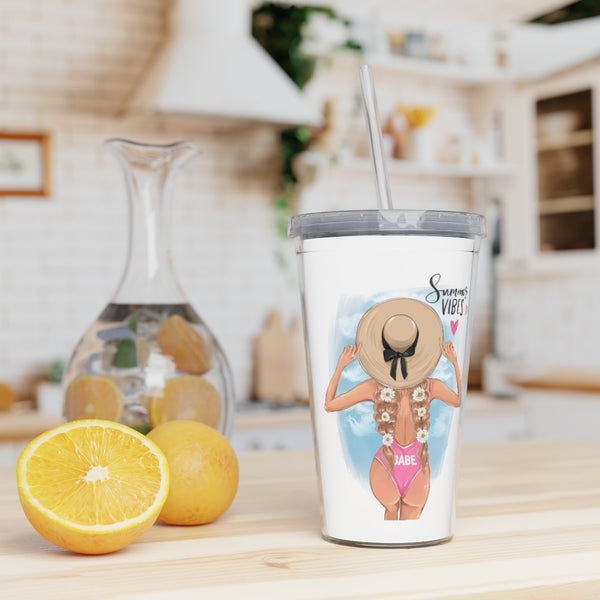 Summer Vibes Blond Hair Plastic Tumbler with Straw