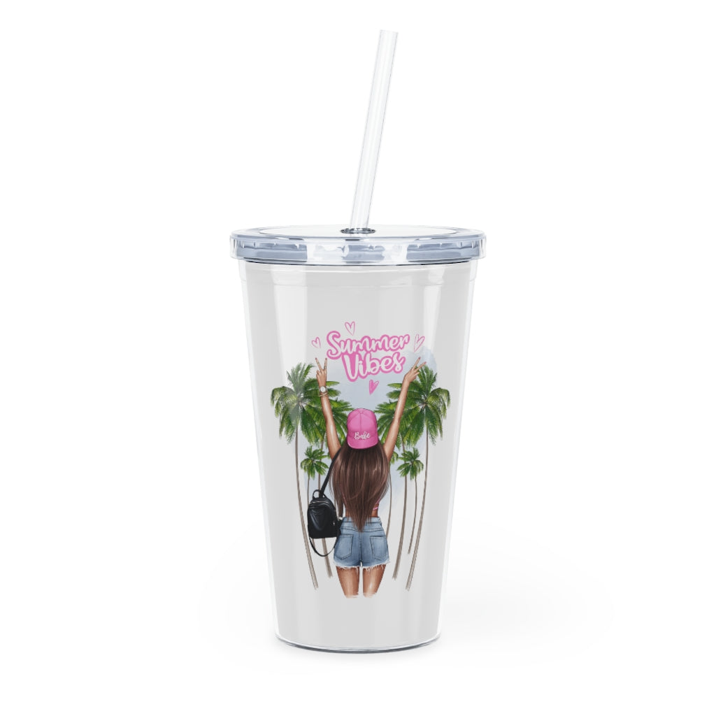 Summer Vibes Brown Hair Plastic Tumbler with Straw