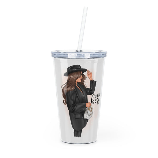 Girl Boss Brown Hair Plastic Tumbler with Straw