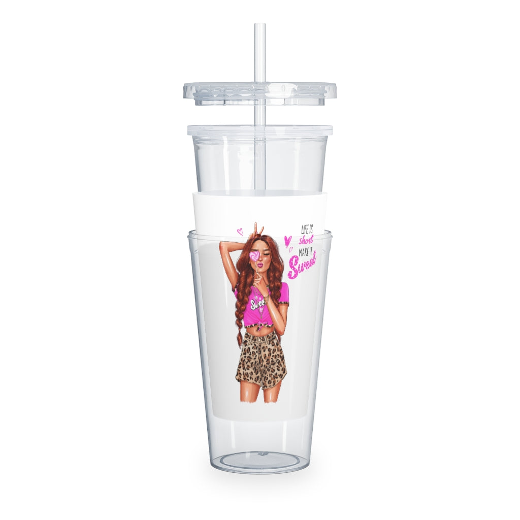 Life is Short Make it Sweet Red Hair Plastic Tumbler with Straw