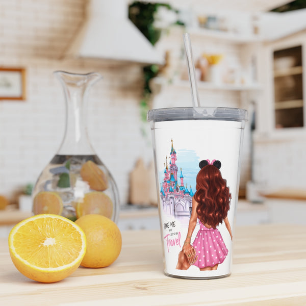 Take me and Let's go Travel Red Hair Plastic Tumbler with Straw