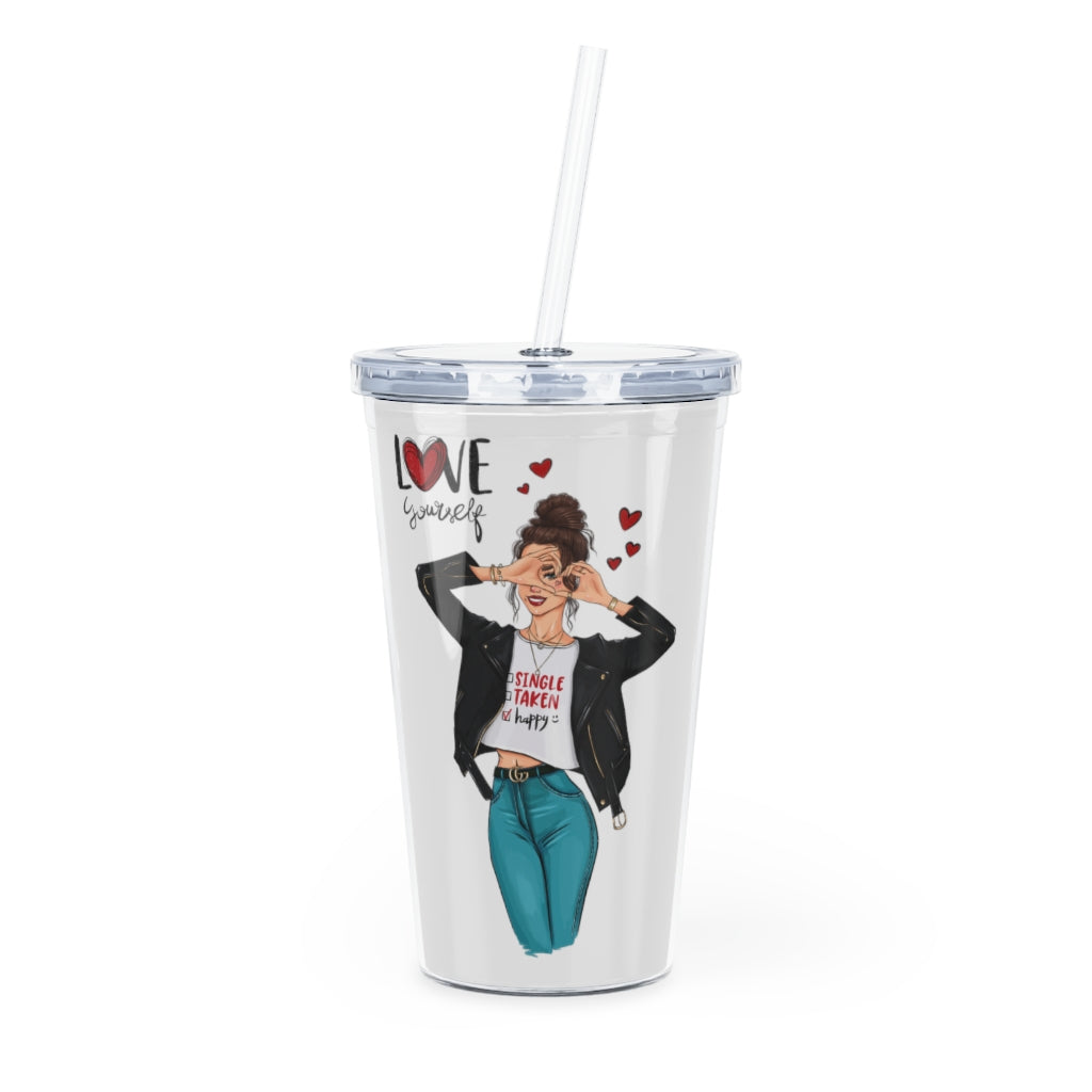 Love Yourself Brown Hair Plastic Tumbler with Straw