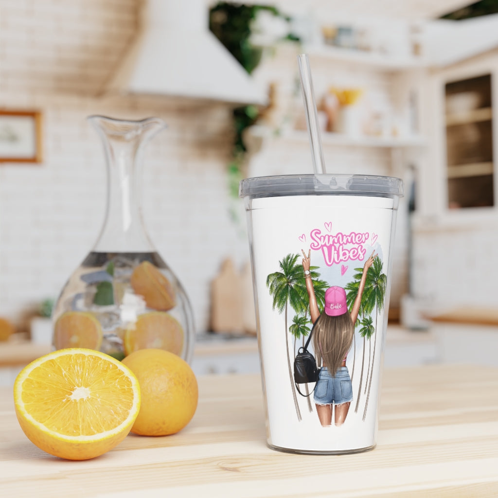 Summer Vibes Blond Hair Plastic Tumbler with Straw