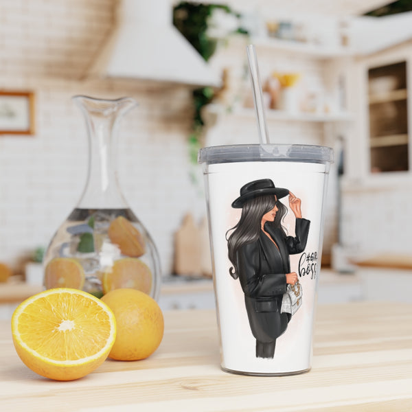 Plastic Tumbler with Straw Girl Boss Black Hair