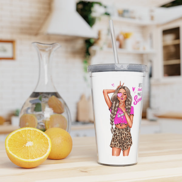 Life is Short Make it Sweet Blond Hair Plastic Tumbler with Straw