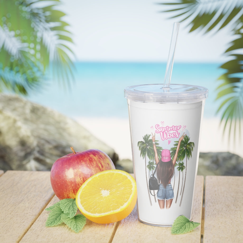 Summer Vibes Brown Hair Plastic Tumbler with Straw