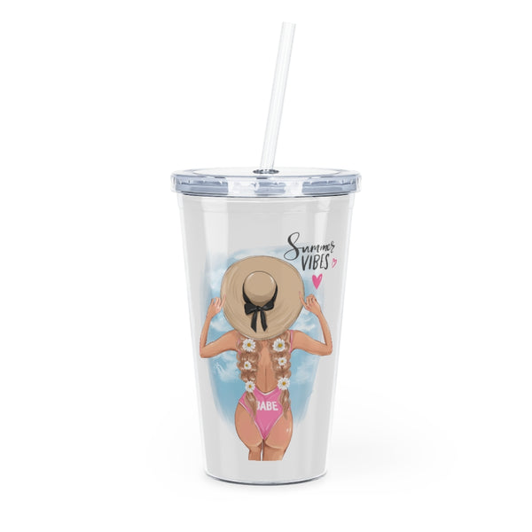 Summer Vibes Blond Hair Plastic Tumbler with Straw