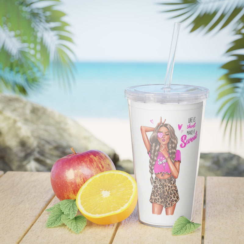 Life is Short Make it Sweet Blond Hair Plastic Tumbler with Straw