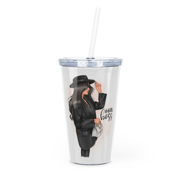 Plastic Tumbler with Straw Girl Boss Black Hair