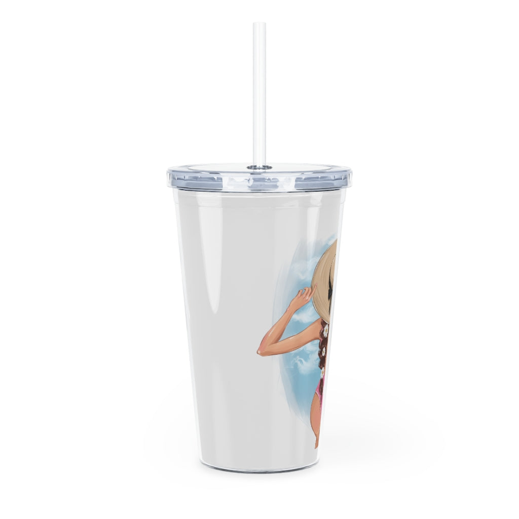 Summer Vibes Brown Hair Plastic Tumbler with Straw