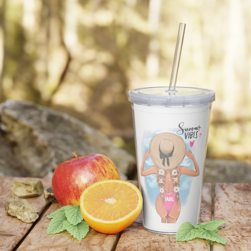 Summer Vibes Blond Hair Plastic Tumbler with Straw