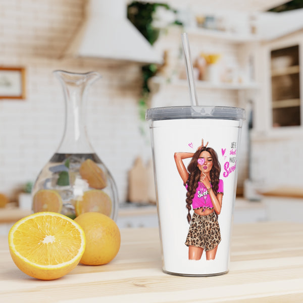 Life is Short Make it Sweet Brown Hair Plastic Tumbler with Straw